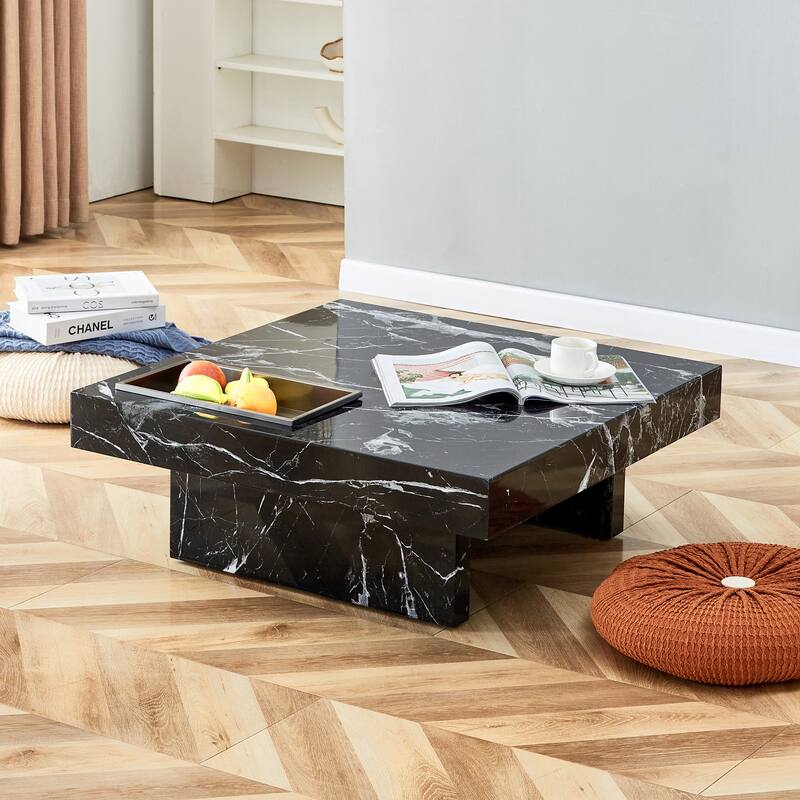 A modern and practical coffee table made of MDF material with black patterns. The fusion of elegance and natural fashion
