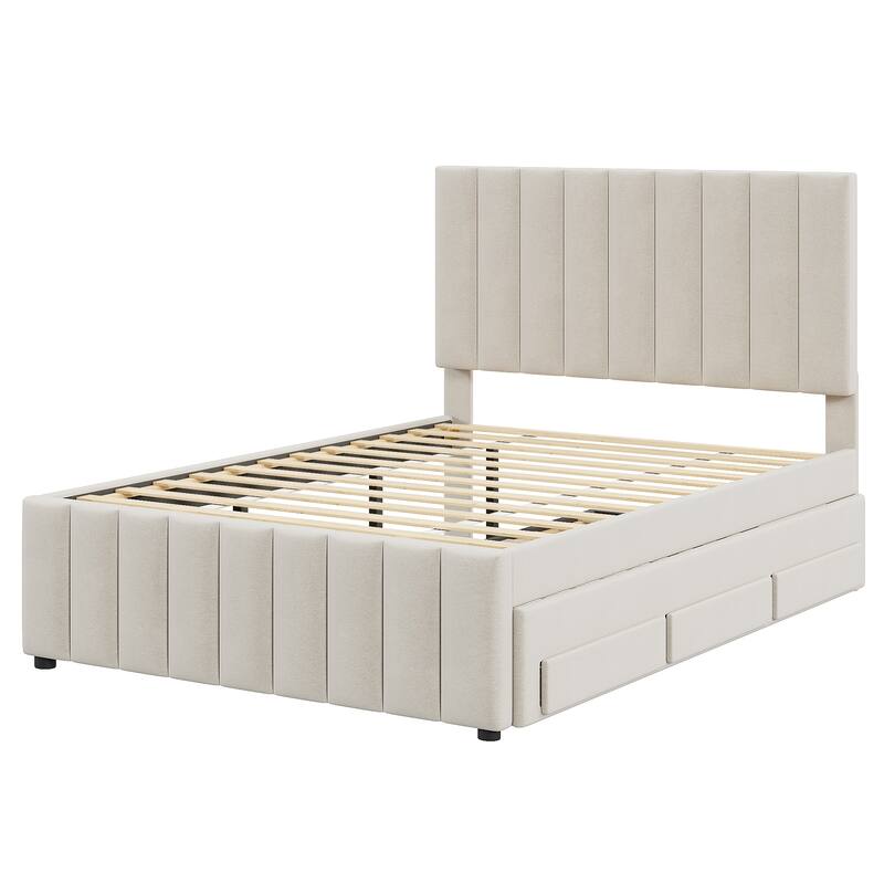 Full Size Upholstered Platform Bed Frame with Twin Size Trundle and 3 Storage Drawer, Linen Fabric for Comfort and Style
