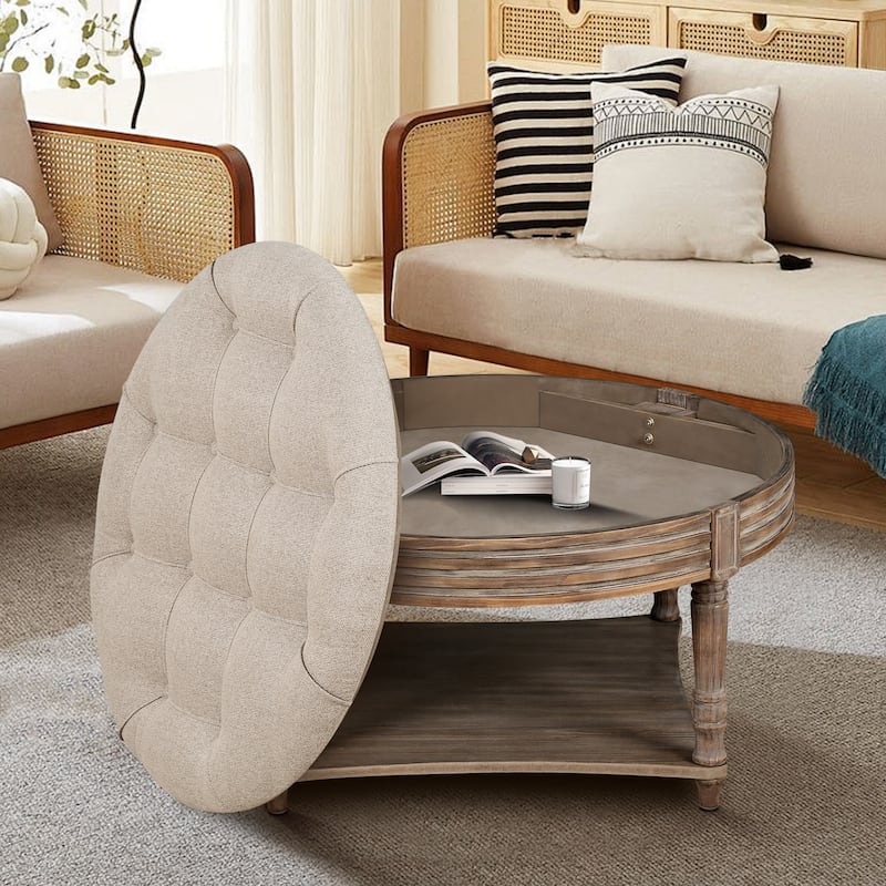 Large Round Waterproof Ottoman Coffee Table with Storage and Shelf - Gray+ khaki