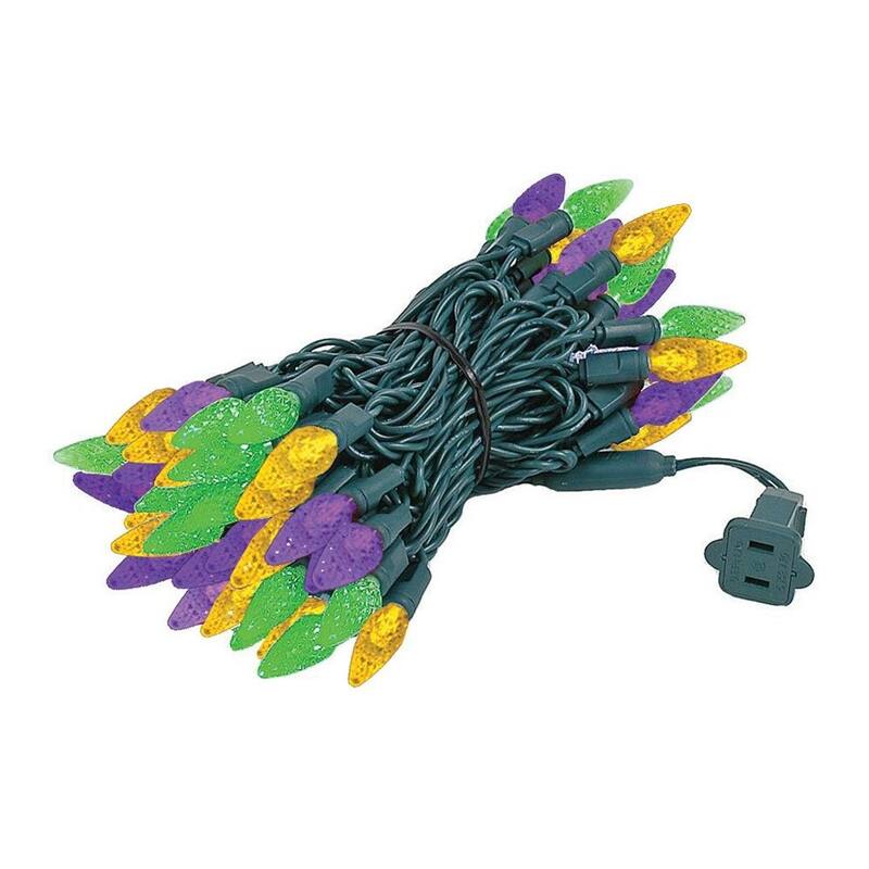 70 Light C6 LED Christmas Mini Light Set, Yellow/Purple/Green, Green Wire, 24' - Large