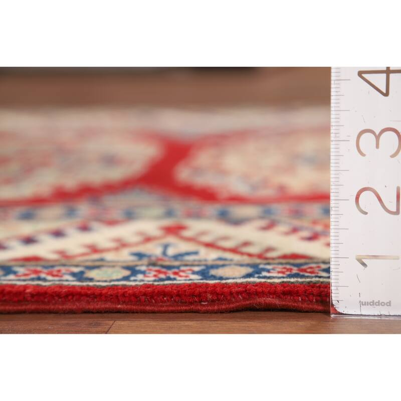 Red Geometric Kazak Oriental Runner Rug Hand-Knotted Wool Carpet - 2'8" x 9'4"