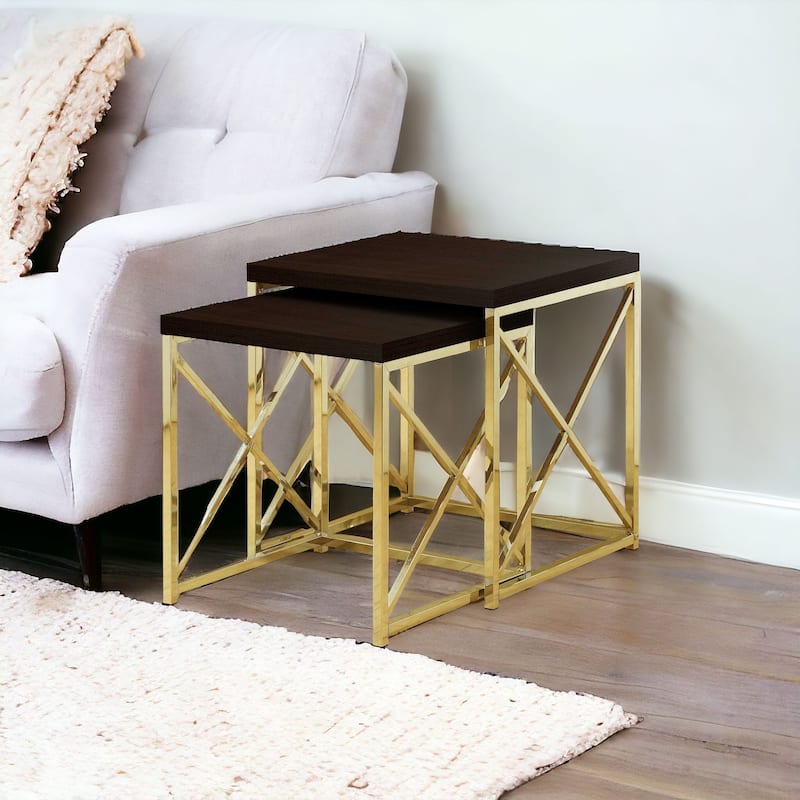 Space-Saving 2 Piece Nesting Tables Set Brown Wood Top with Gold Frame for Living Room - 19.75"L x 19.75"W x 21.25"H