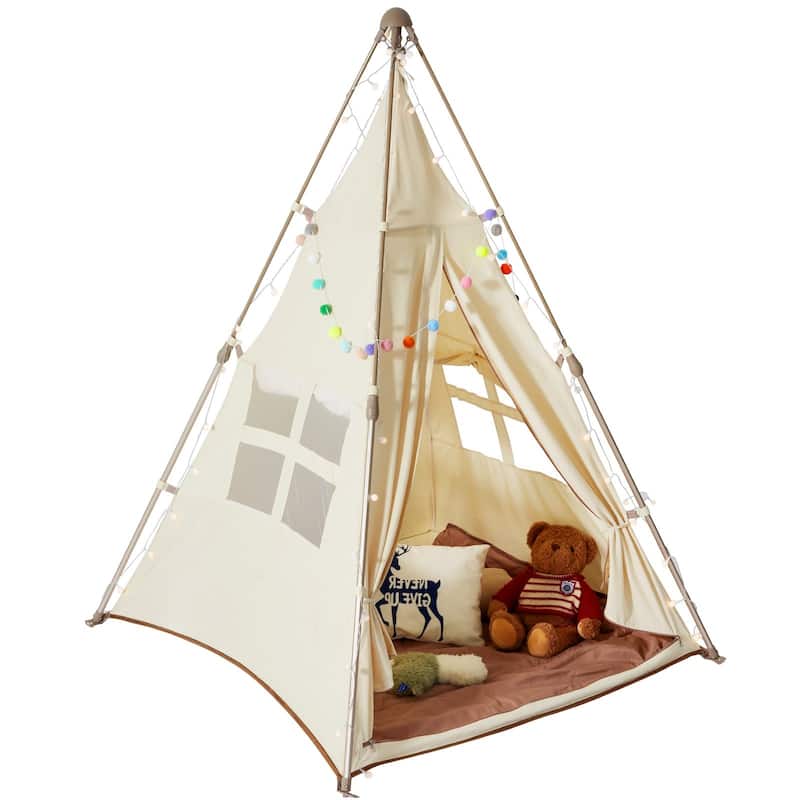 Beige Peach Skin Kids Teepee Tent with Mat, Pop-Up Playhouse for Ages 1 to 5 - 50.4” D x 49.2” W x 68.9” H