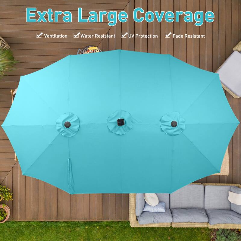 15ft Patio Umbrella Outdoor Market Umbrella with Base and LED Lights