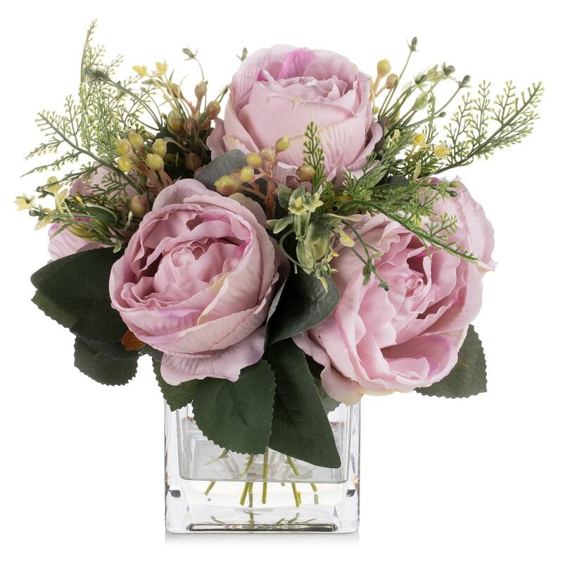 Mixed Peony Artificial Flowers in Vase with Faux Water, Silk Flower Arrangements in Vase for Home Decor, Wedding Table - Purple Pink