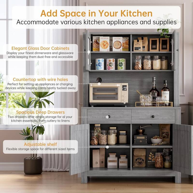 Freestanding Kitchen Pantry Cabinet with Microwave Stand & Buffet Cupboard, Adjustable Shelves for Dining Room