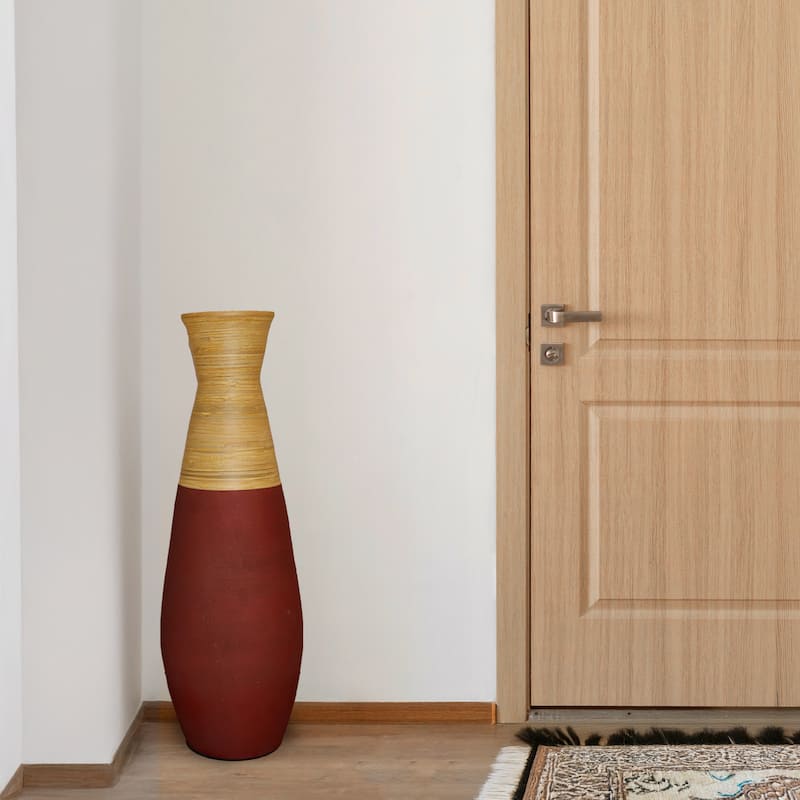 31.5 inch Tall Handcrafted Bamboo Floor Vase, Burgundy and Natural Finish, Decorative Accent, Large Bamboo Floor Vase