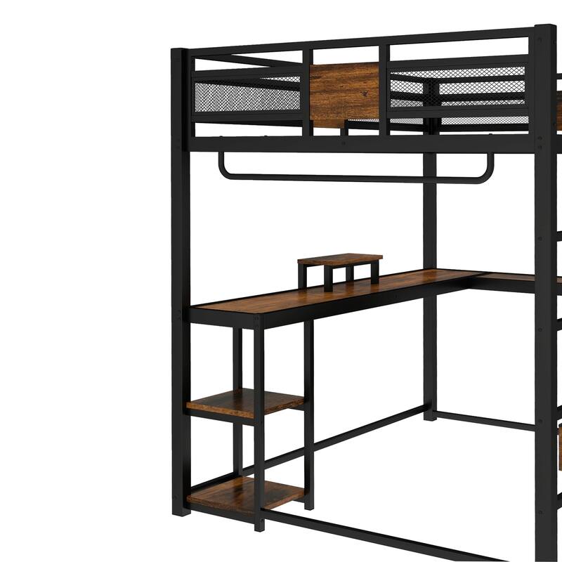 Queen Loft Bed with Desk and Storage Non-woven Fabric Drawers, Metal Loft Bed Frame with Ladders, Nosie-free