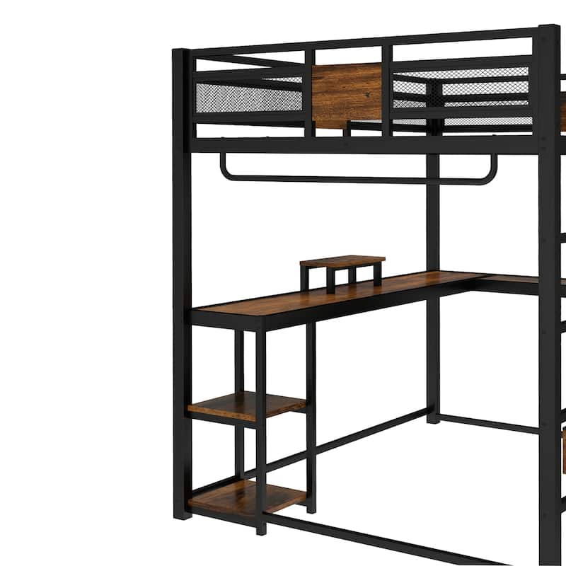 Roomfitters Queen Size Metal Loft Bed with Desk & Storage Drawers, Ladder Design, Noise-Free Frame, No Box Spring Needed, Black