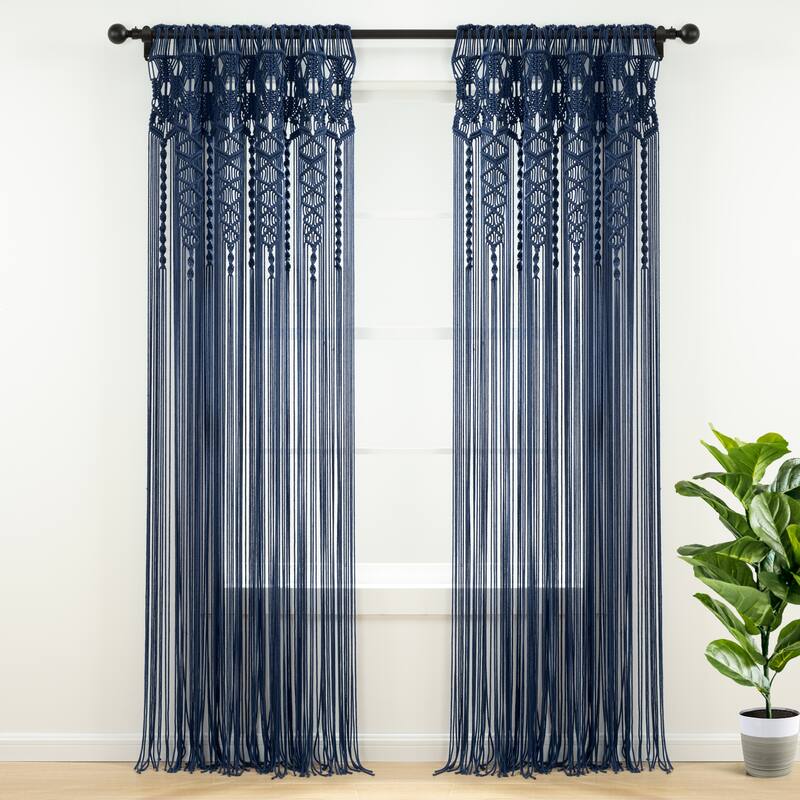 Lush Decor Boho Macrame Textured Cotton Window Curtain/Room Divider/Doorway/Wall Decor - Navy - 84 Inches