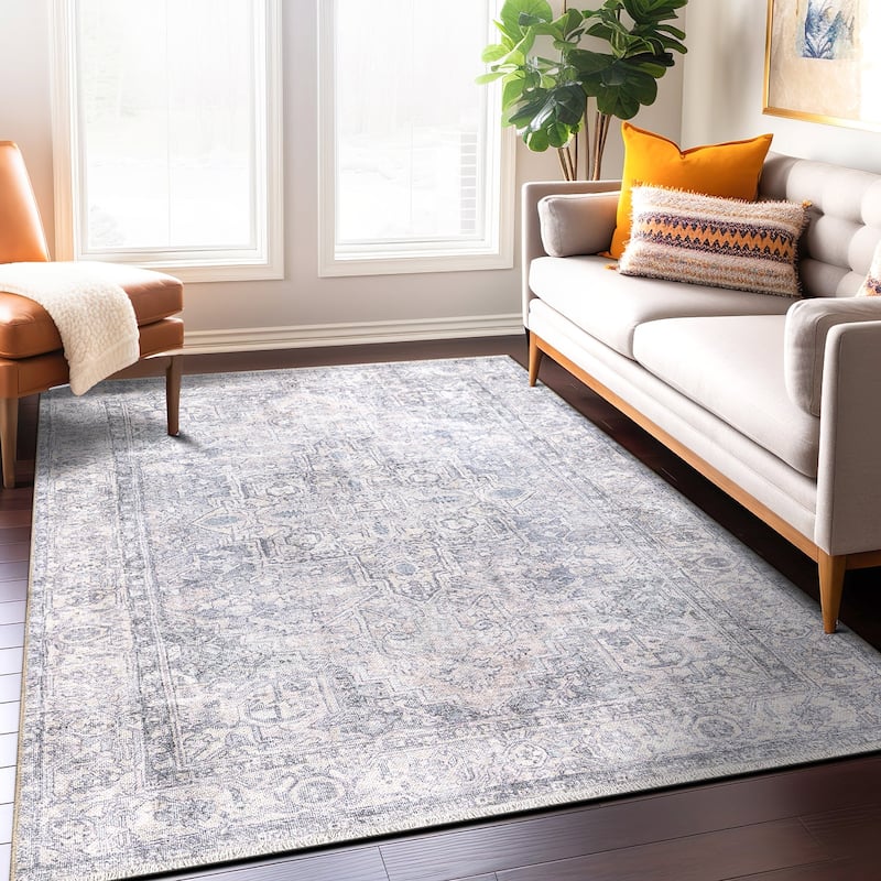 World Rug Gallery Distessed Medallion Machine Washable Area Rug - 5' x 7' - Rectangle