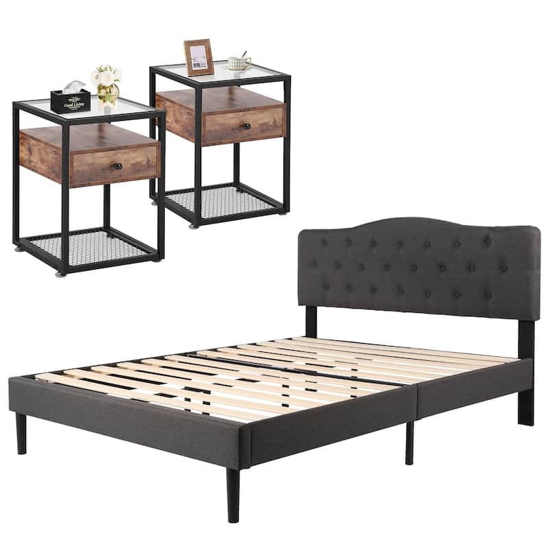 Taomika 3-pieces Height Adjustable Upholstered Bed and Modern Tempered Glass Nightstands Set