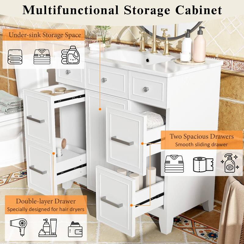36" Bathroom Vanity with Ceramic Sink, Blue, Solid Wood Frame, Soft-Close Doors, Adjustable Shelves
