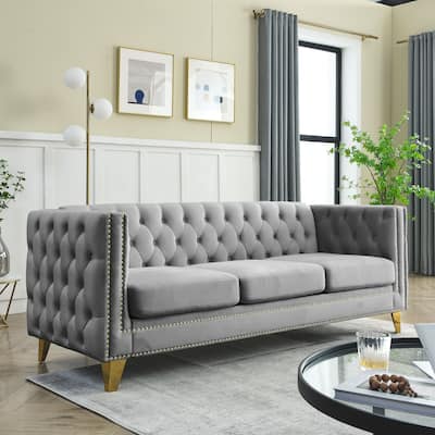 Modern Velvet Upholstered Sofa Buttons Tufted Square Arm Couch with Nailheads and Metal Legs Sofa for Living Room