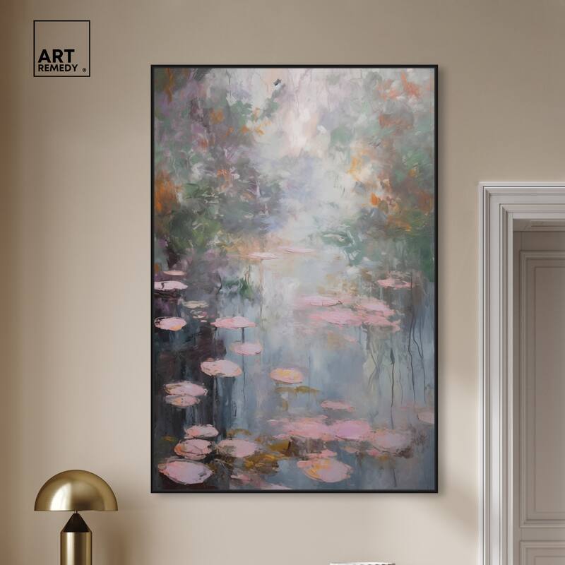 Art Remedy Pink Impressionisty Lilypads Framed Impressionism 1 Piece Canvas Wall Art /Monet And Van Gogh Inspired Art