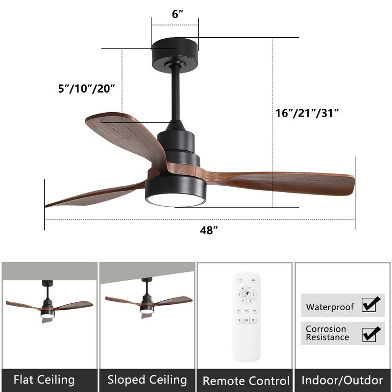 48 Inch Smart Wood Ceiling Fan with Light and Remote/App Control, Integrated LED Included