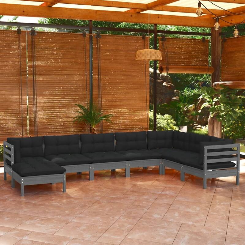 vidaXL Solid Pinewood Patio Lounge Set 9 Piece with Cushions Multi Colors - Grey