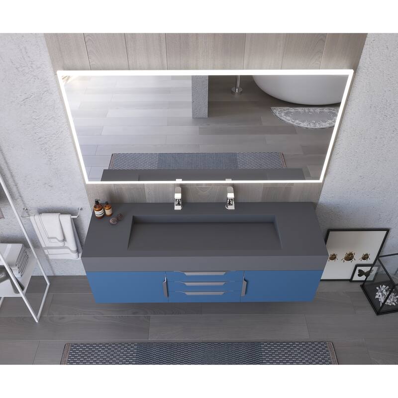 Nile 60" Wall Mounted Bathroom Vanity Set with Gray Solid Surface Top