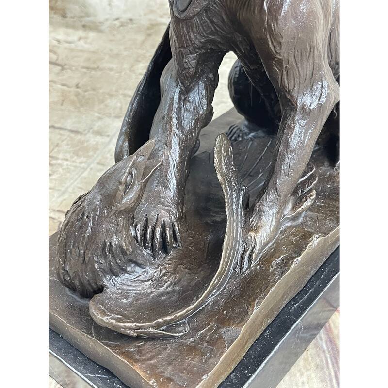 Signed Barye Bear Attacking Eagle Bronze Sculpture Marble Base Figurine Statue