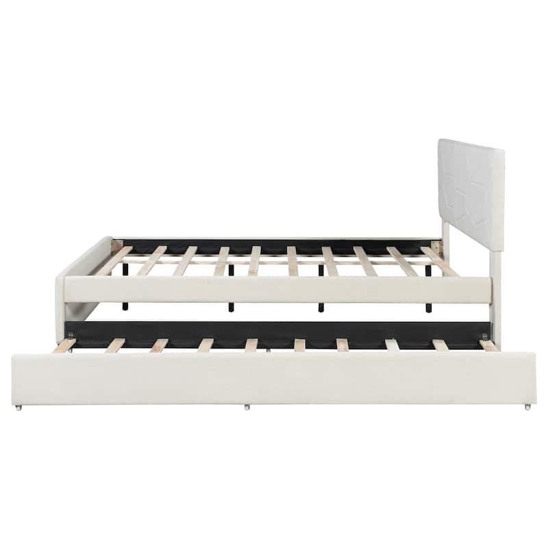 Roomfitters Queen Size Upholstered Platform Bed Frame with Twin XL Trundle and Geometric Patterned Headboard