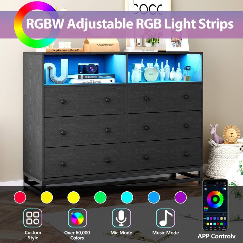6-Drawer Double Dresser for Bedroom, Wooden TV Stand with LED Lights & Power Outlet, Storage Cabinet for Closet