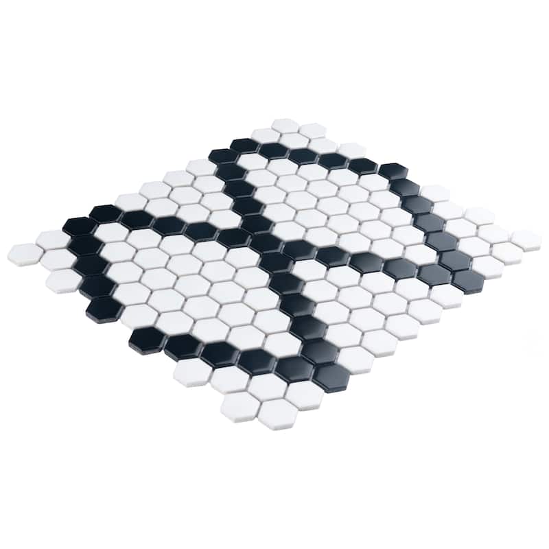 Merola Tile Metro 1" Hex Matte White w/Black Diamond 10-1/4" x 11-7/8" Porcelain Floor and Wall Tile