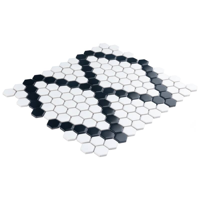 Merola Tile Metro 1" Hex Matte White w/Black Diamond 10-1/4" x 11-7/8" Porcelain Mosaic Floor and Wall Tile