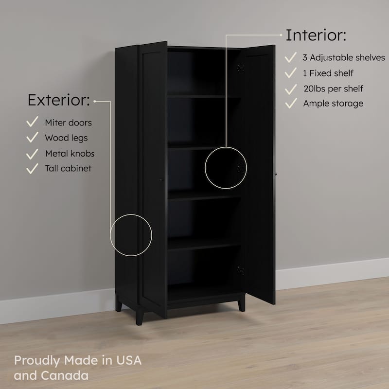 Prepac Yaletown 72" Tall Storage Cabinet with Wood Legs, Pantry Cabinet with 3 Adjustable Shelves - 32" W x 72" H x 16" D