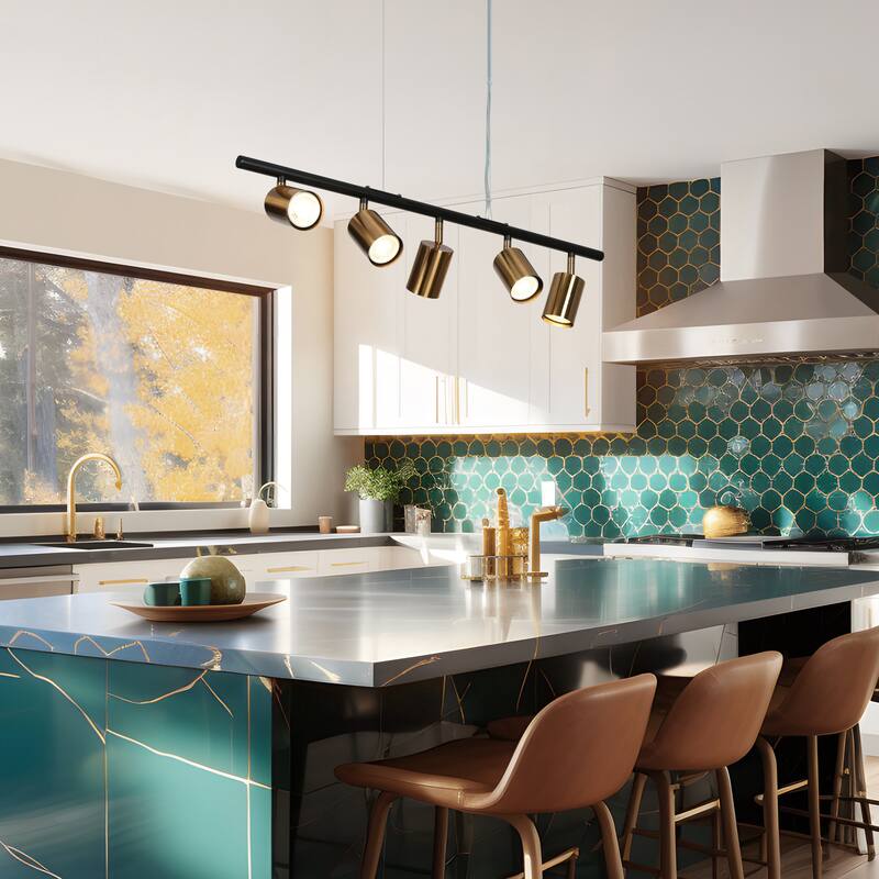 Modern 5-Light Black Gold Chandelier Metal Linear Island Lights for Dining Room