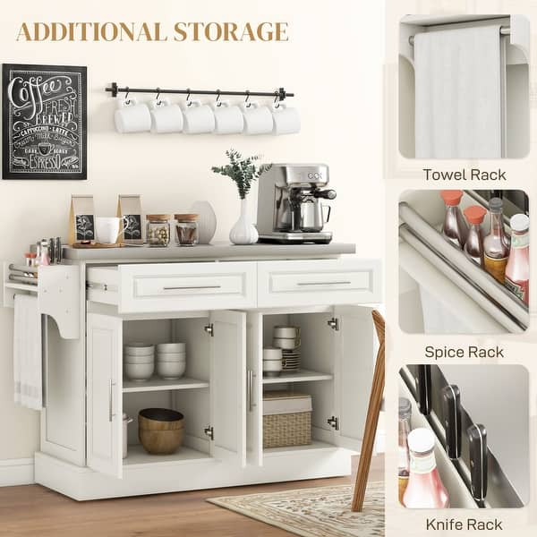 Rolling Kitchen Island With Storage, Portable Kitchen Cart With Stainless Steel Top, 2 Drawers, Spice, Knife And Towel Rack And Cabinets One Allium