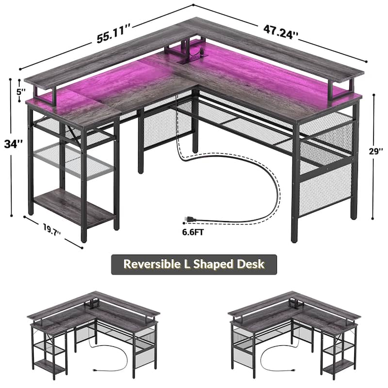 L Shape Computer Desk Reversible Gaming Desk with Charge Station and LED Light