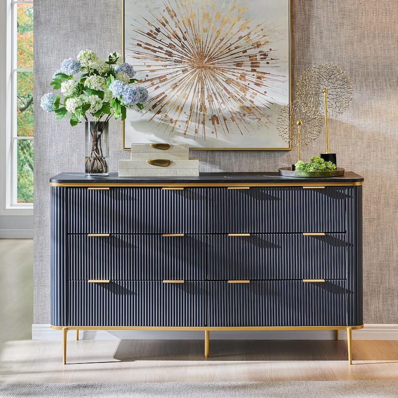 Modern Fluted 6 Drawers Dresser for Bedroom, 54" Dresser TV Stand - Dark Grey