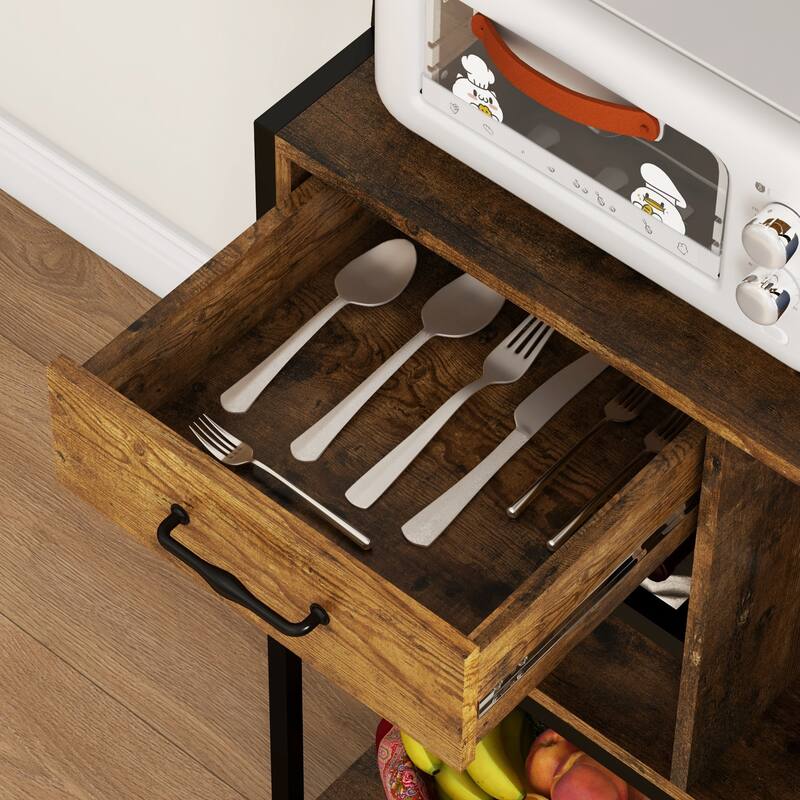 Baker's Rack with Power Outlet and LED Lights, Coffee Bar with Storage Shelves, Industrial Microwave Stand - Rustic Brown
