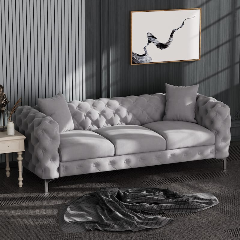 Morden Fort Modern Velvet Sofa with Button Tufted,Solid Wood Frame and Iron Legs - Velvet - Grey