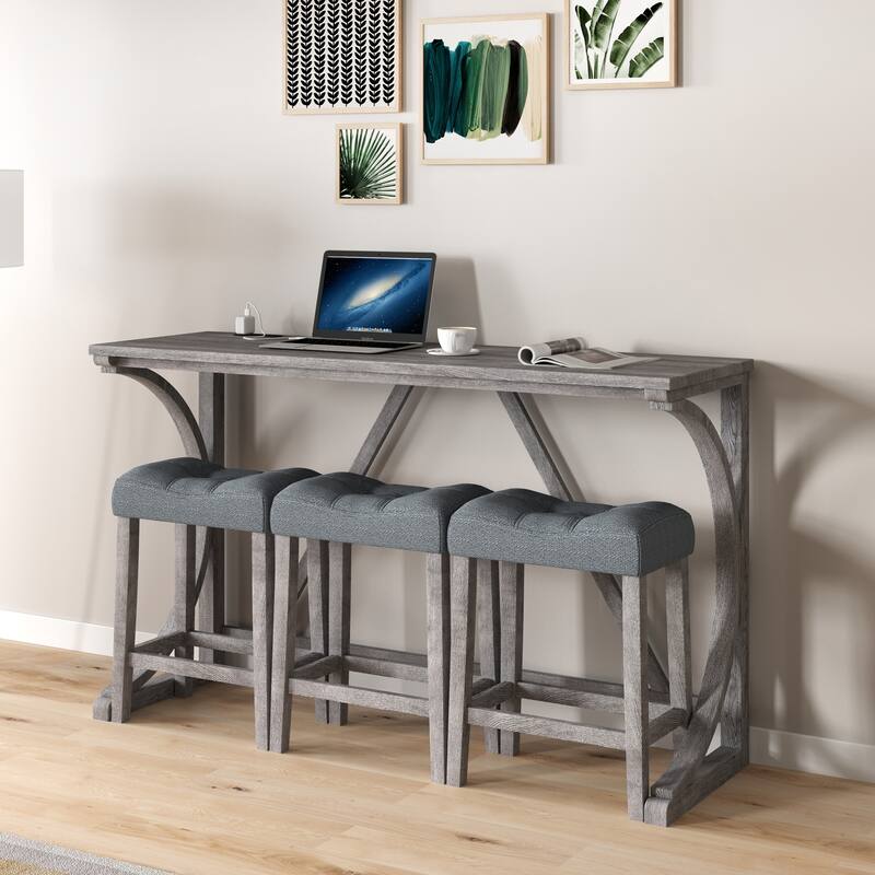 Bar Table Set with Power Outlet, Bar Table and Chairs Set, 4 Piece Dining Table Set