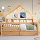 preview thumbnail 17 of 26, Wood House Platform Beds with LED, Storage Shelves, Drawers and Guardrail, Full Size Bed Frame w/Slats Support for Kids