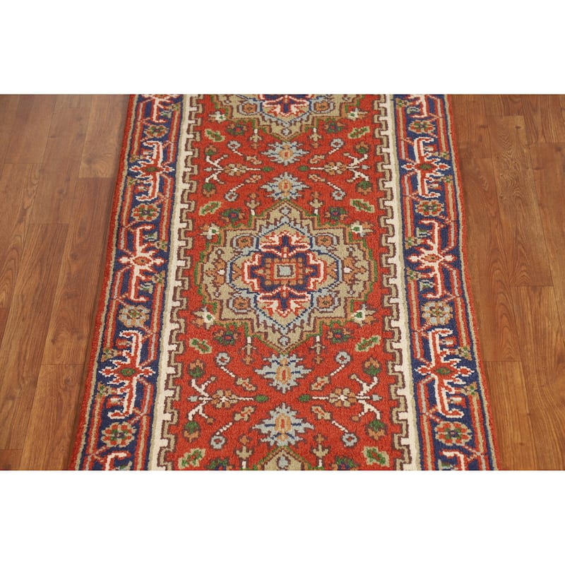 Hand Knotted Oriental 100% Wool Carpet Traditional Geometric Oranges & Rust Heriz (serapi) Runner Rug - 10' 0'' X 2' 6''
