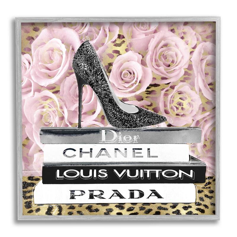 Stupell Glam High Heel Shoe Fashion Book Stack Cheetah Framed Wall Art - Black - 24 x 24 - Grey