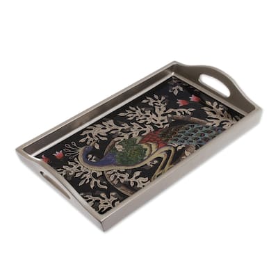Novica Handmade Peacock Charm In Silver Reverse-Painted Glass Tray (12 Inch)