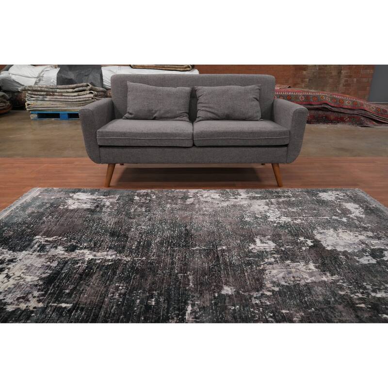 Hand Knotted Oriental Viscose Silk Carpet Modern All-Over Greys & Charcoal Abstract Area Rug - 8' 0'' X 4' 11''
