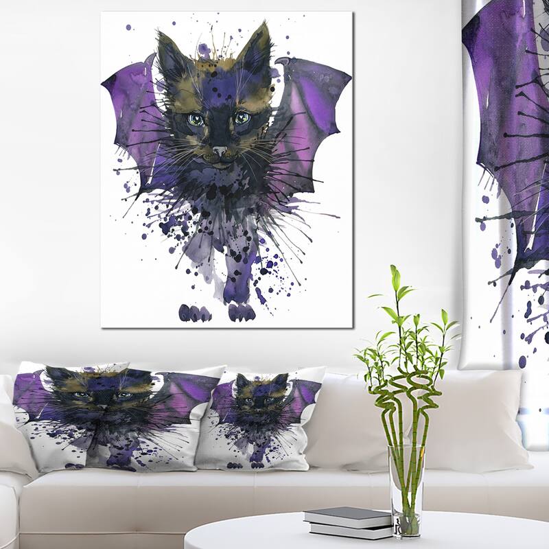 Designart "Black Cat with Blue Wings" Animal Canvas Wall Art - 30 in. wide x 40 in. high