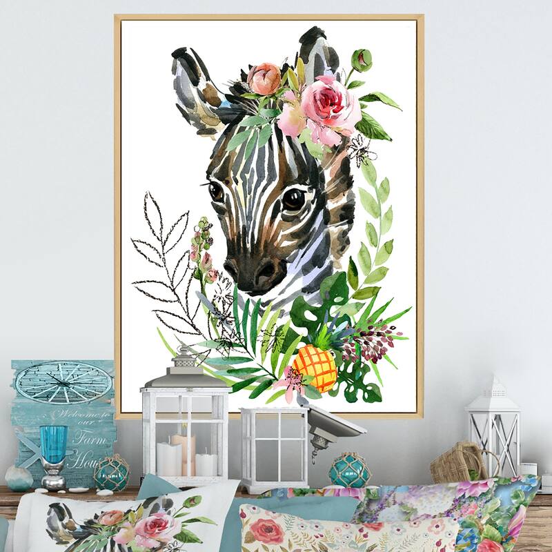Designart "Cute Zebra Portrait" Traditional Framed Children's Canvas