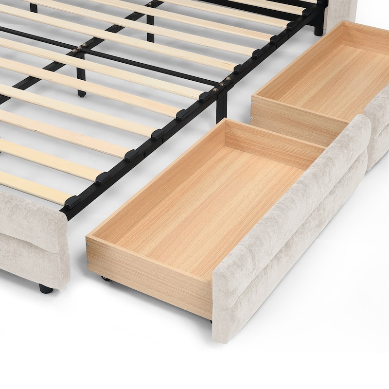 Thick Fabric Upholstered Bed Frame, Low Profile Storage Platform Bed with 4 Storage Drawers, Metal Legs and Wood Slat Support