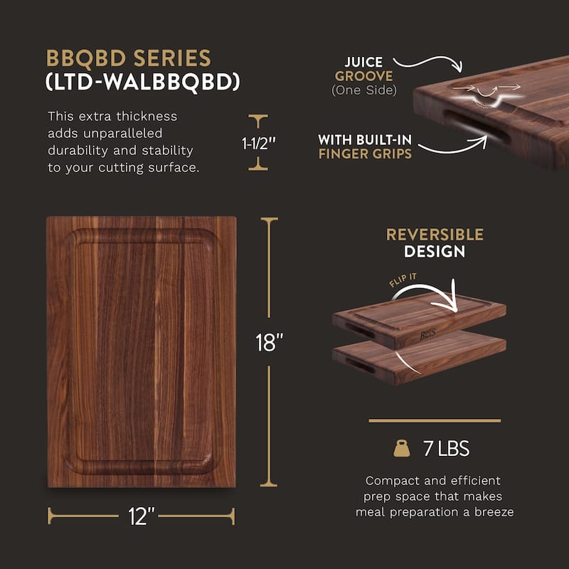 John Boos BBQ Collection Reversible Wood Cutting Board w/Juice Groove, Walnut - 12 x 18 x 1.5 in