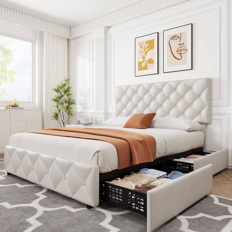 PU Leather Bed Frame with Adjustable Headboard and 4 Storage Drawers