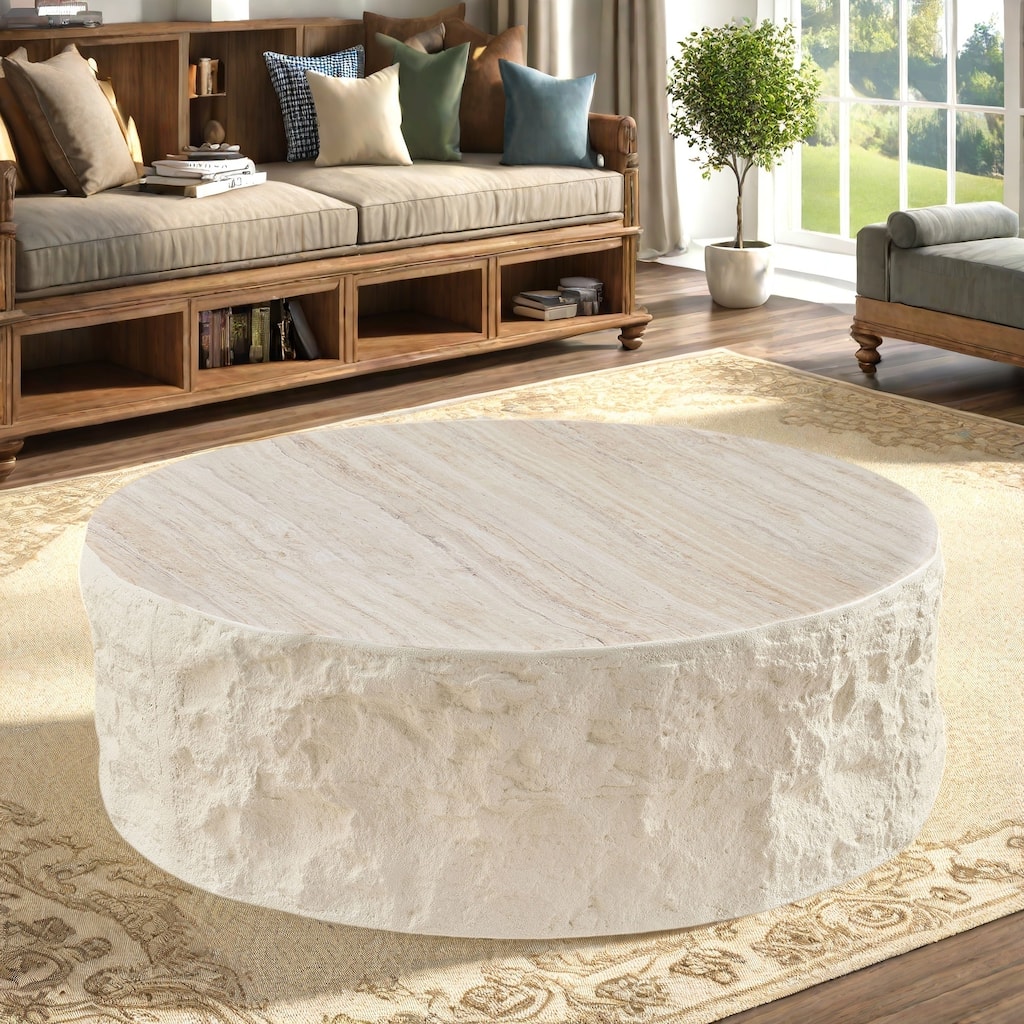 35.43" Fiberglass Round Coffee Table with Imitation Stone Design