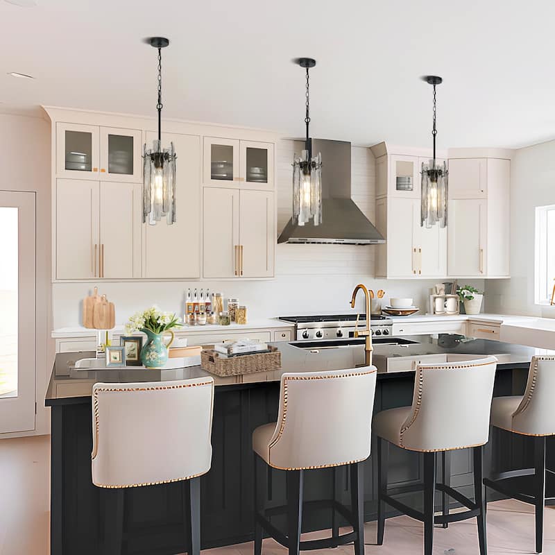 Modern 1-Light Black Cylinder Pendant Light Texture Glass Island Light - D 7.9" x H 16.5"