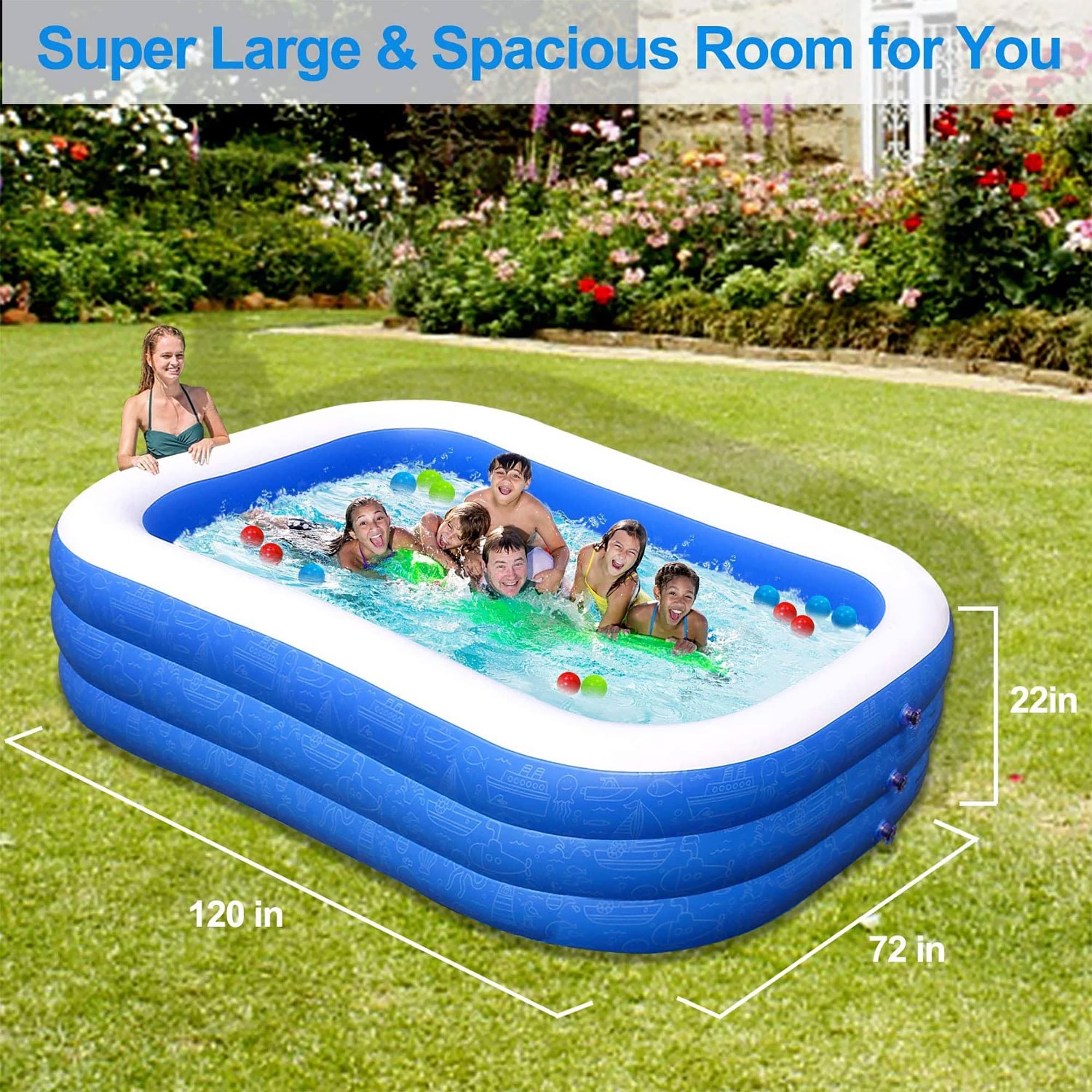 Large Rectangukar Family Pool Inflatable Paddling Pools 120"×72"×22" 
