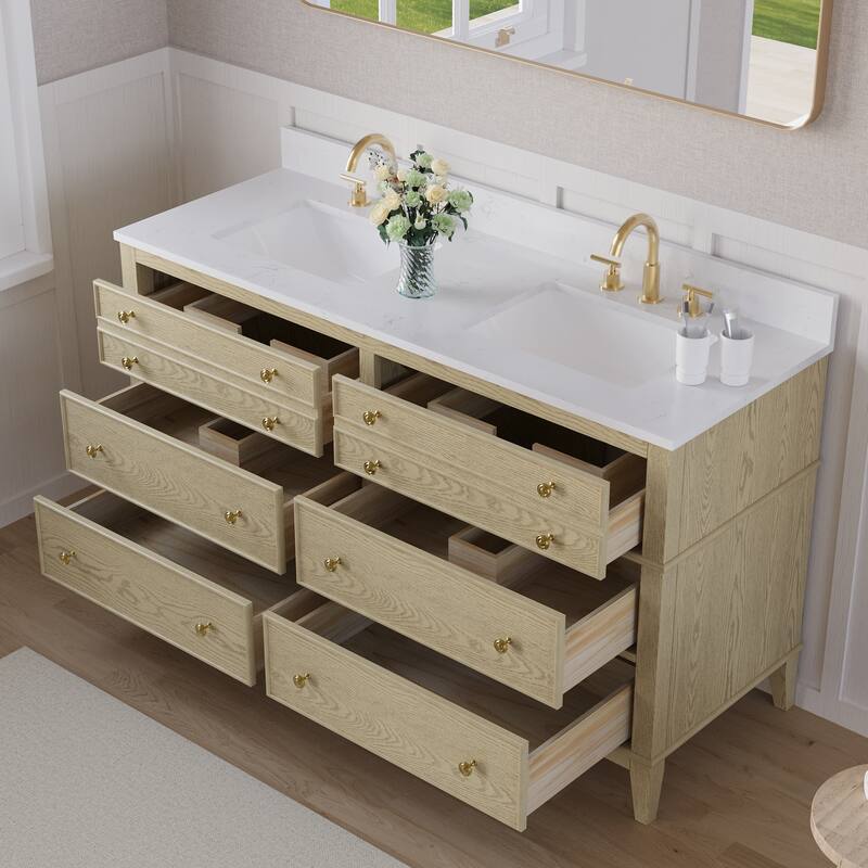 35''H Solid Wood Bathroom Vanity with Carrera White Quartz Top,Drawers And Single Sink