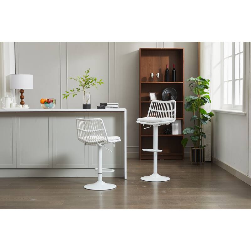 Set of 2 Vintage Rattan Bar Stool, 360° Swivel Seat Chair with Metal Base, Adjustable Height Counter Height Chair with Footrest